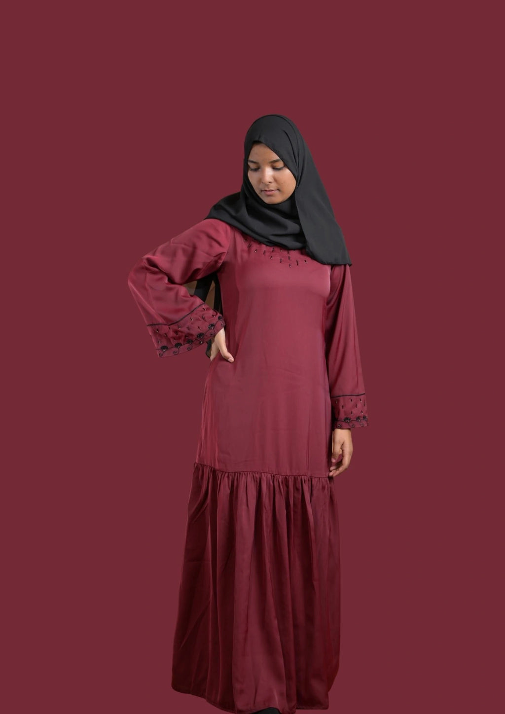 baraqah female maroon color modest fashion abaya for girls 