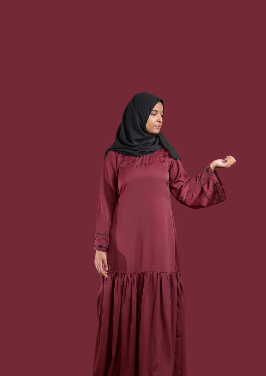 baraqah female maroon color modest fashion abaya for girls 