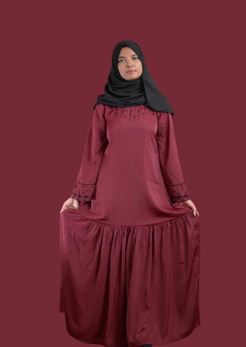 baraqah female maroon color modest fashion abaya for girls 