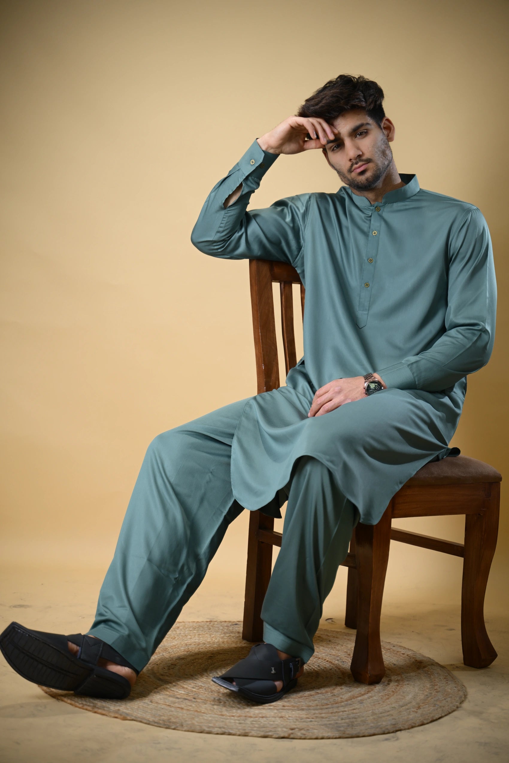 Aquamarine Luma Mandarin Collar Kameez Shalwar