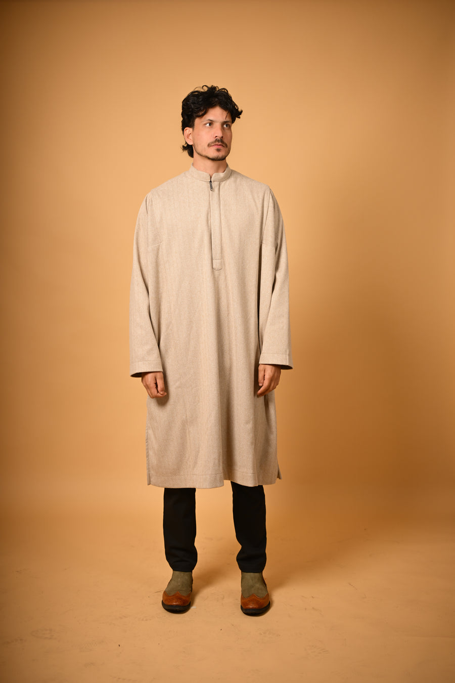 Beige Herringbone winter Pheran for men 
