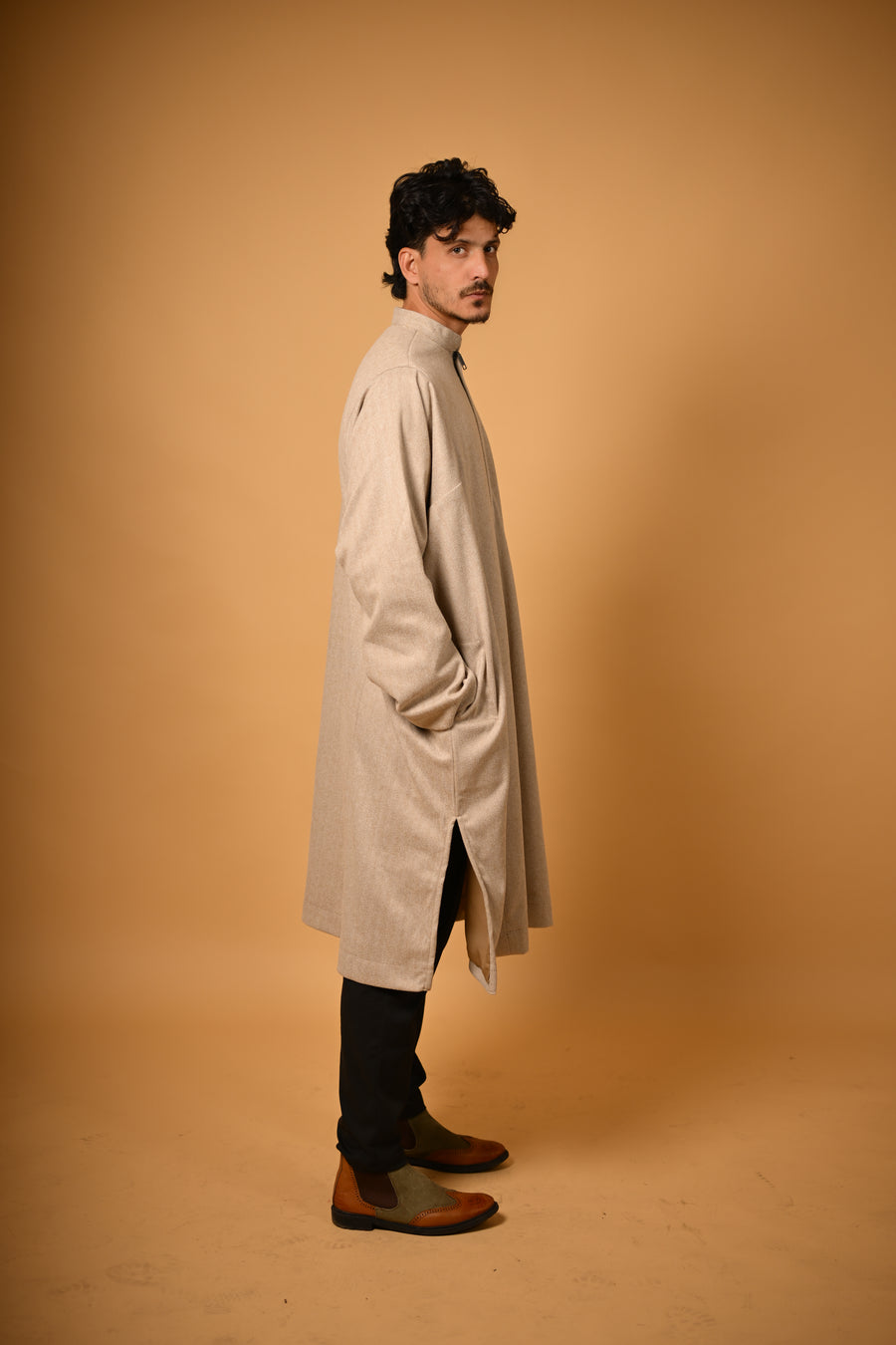 Beige Herringbone winter Pheran for men 
