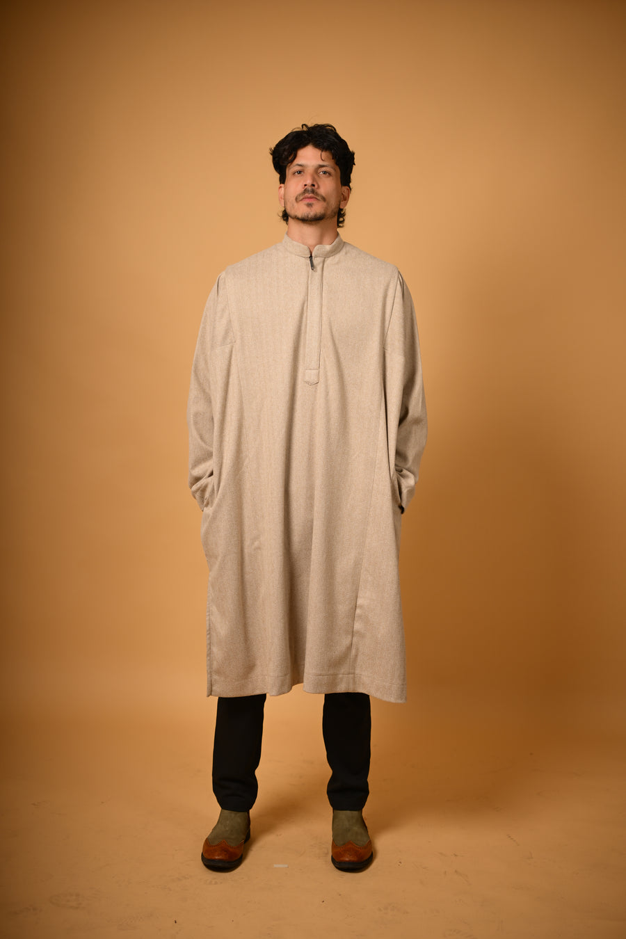 Beige Herringbone winter Pheran for men 
