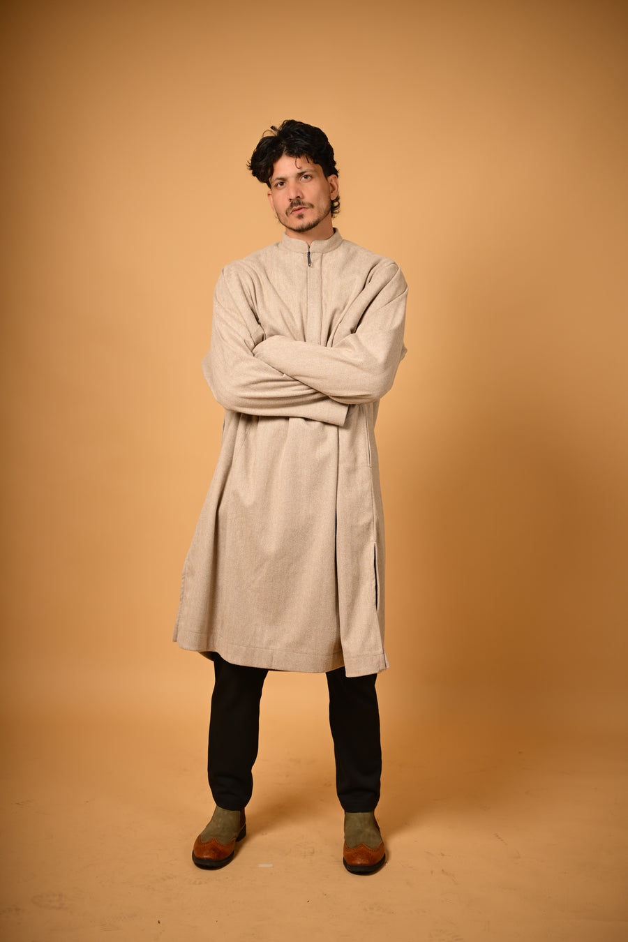 Beige Herringbone winter Pheran for men 
