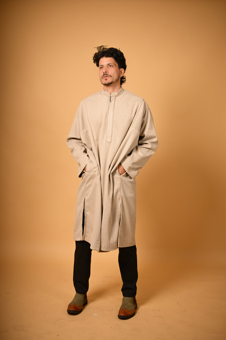 Beige Herringbone winter Pheran for men 
