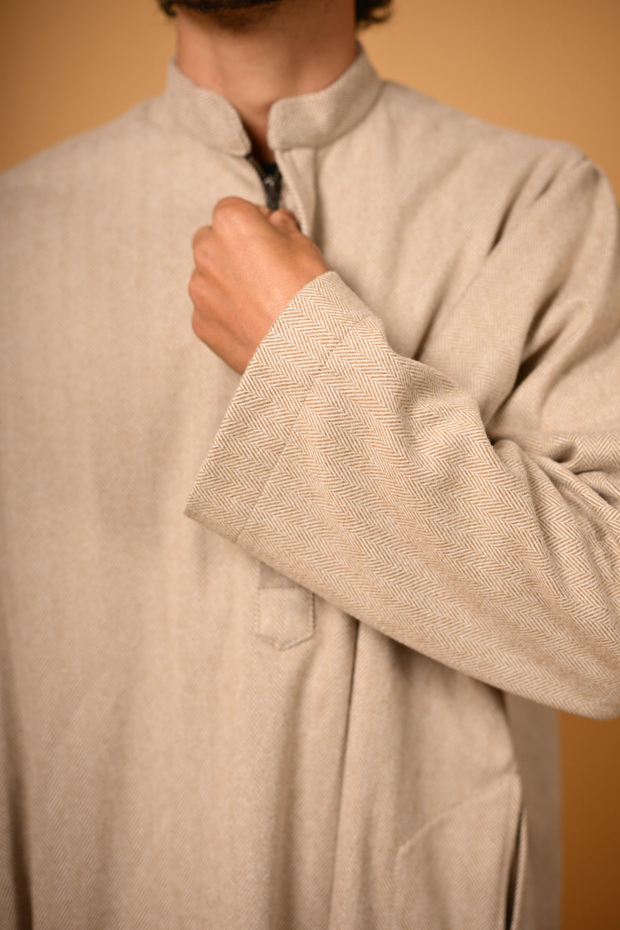 Beige Herringbone winter Pheran for men 
