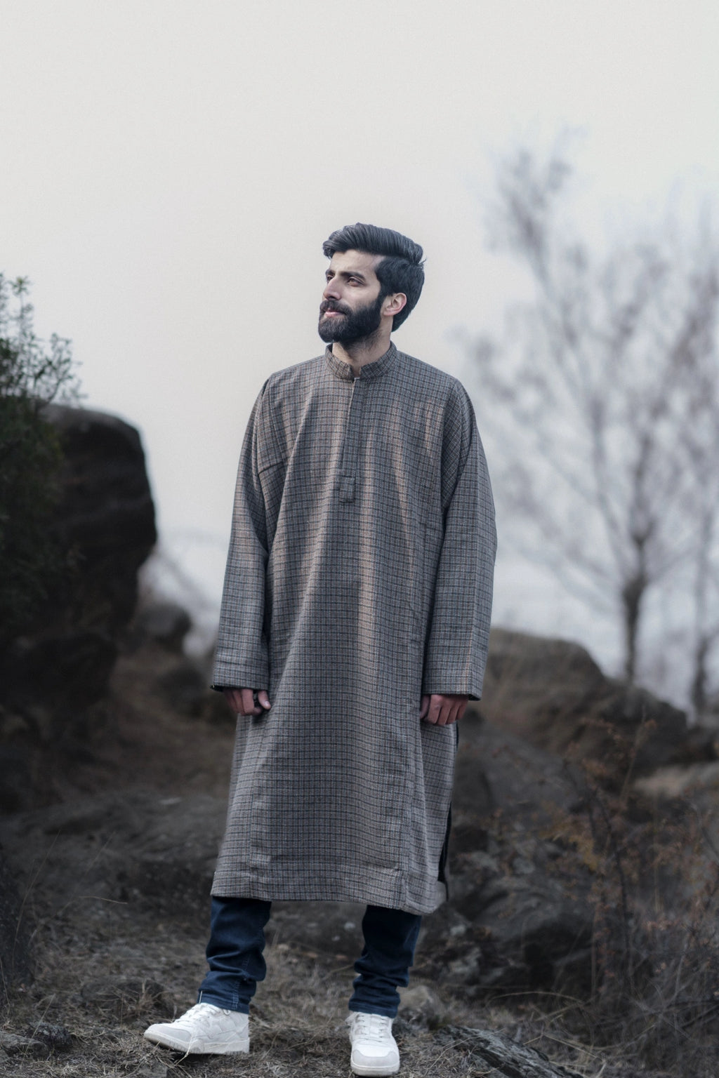 baraqah blue line check grey winter pheran for men 