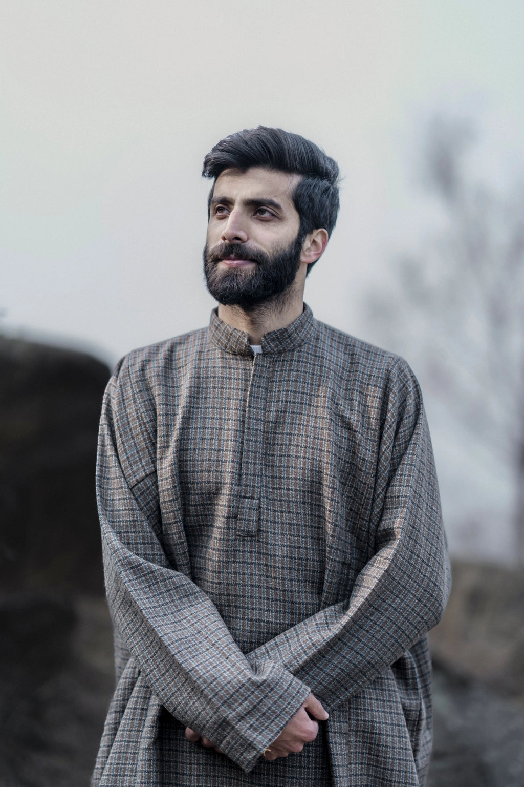baraqah blue line check grey winter pheran for men 