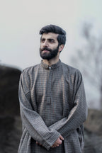 baraqah blue line check grey winter pheran for men 