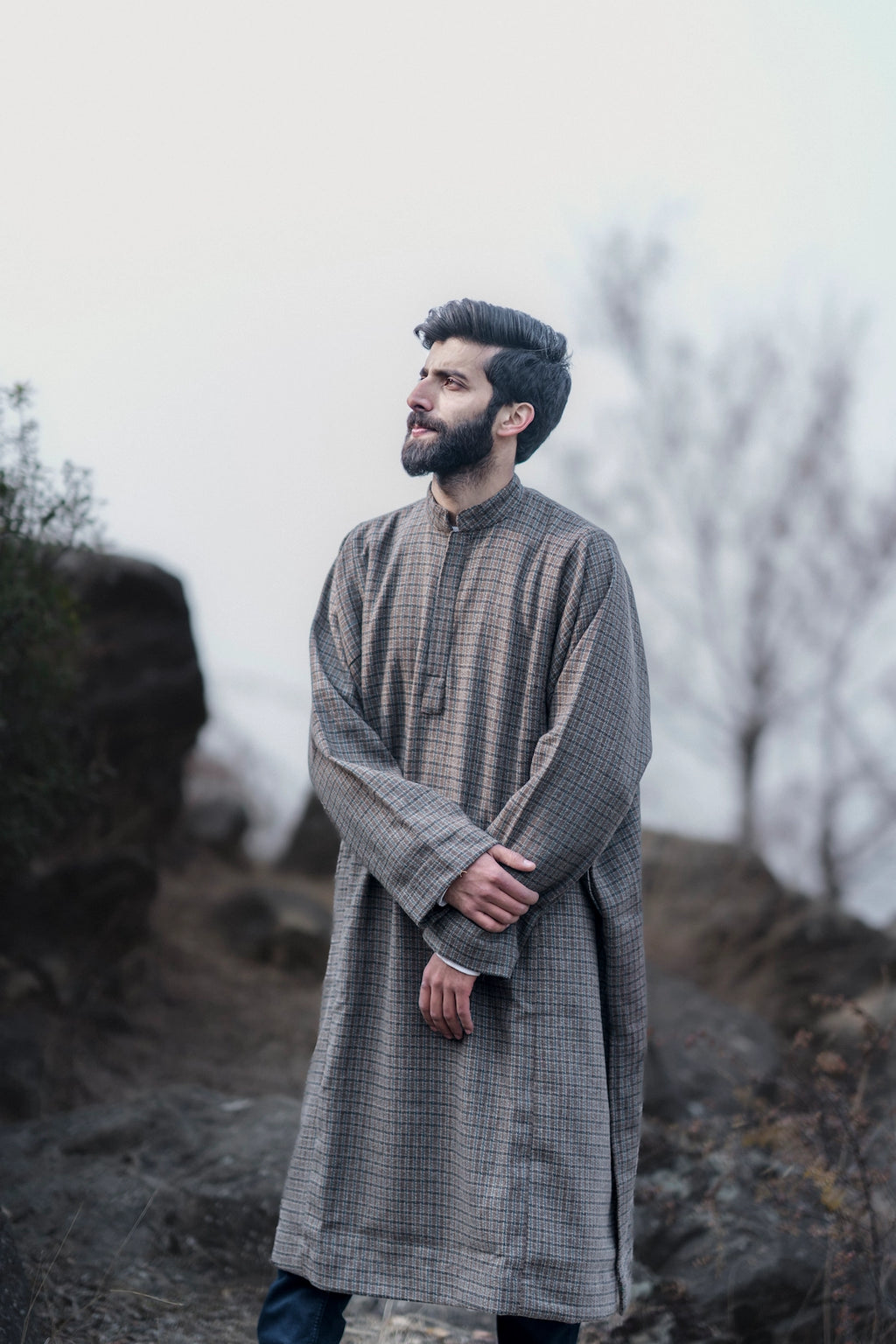 baraqah blue line check grey winter pheran for men 