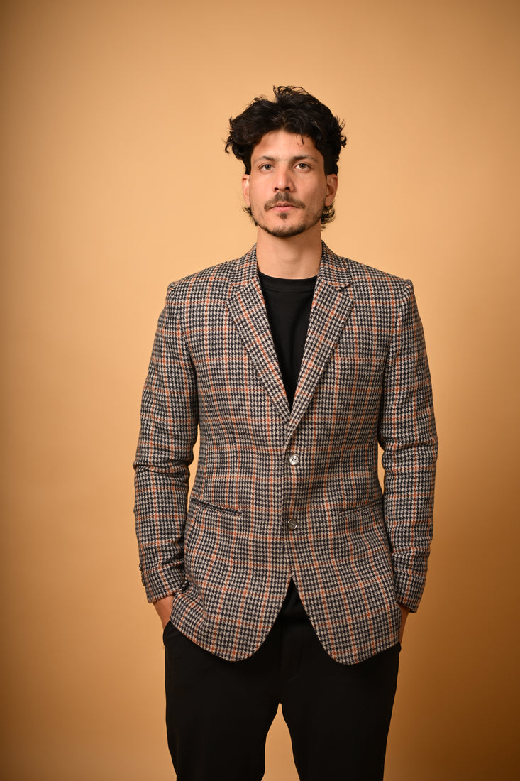 brown black glen check winter blazer for men