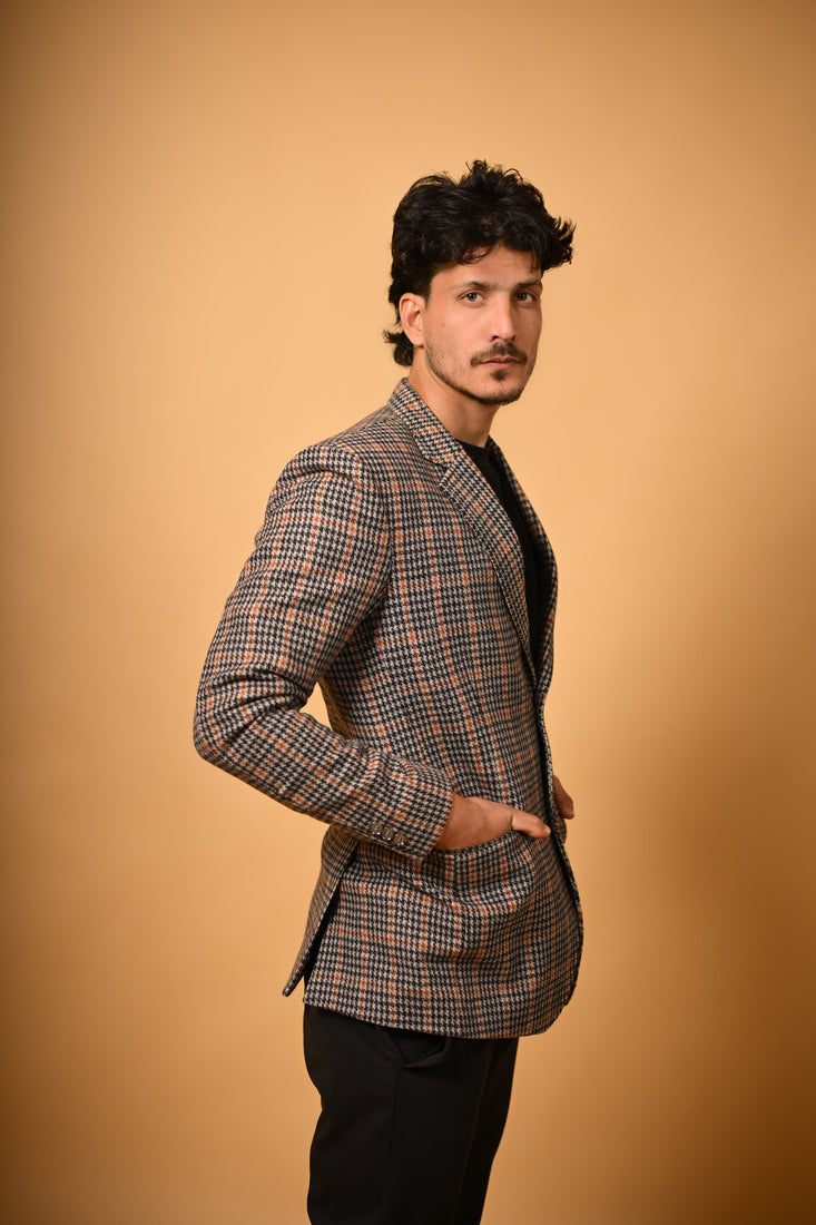 brown black glen check winter blazer for men