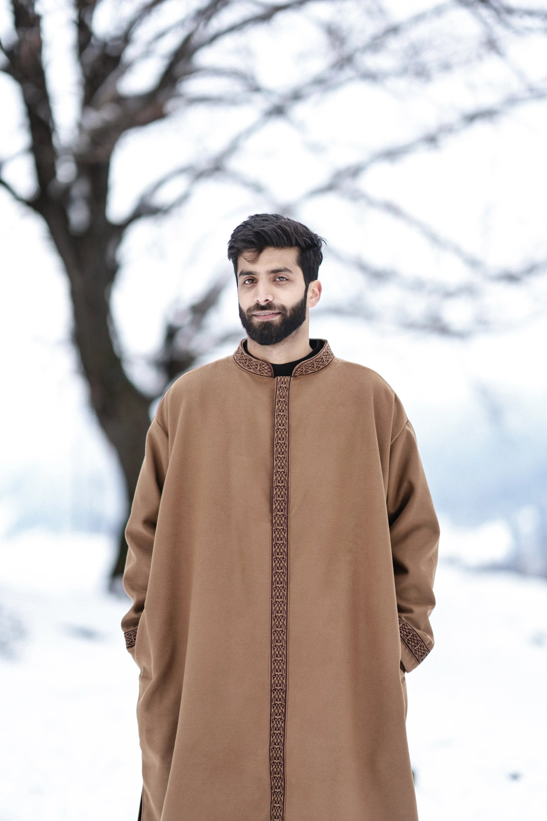 baraqah brown embrioded winter overcoat for men 