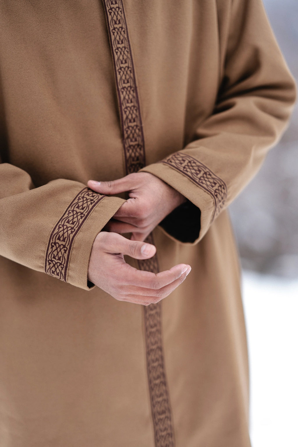 baraqah brown embrioded winter overcoat for men 