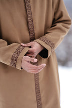 baraqah brown embrioded winter overcoat for men 