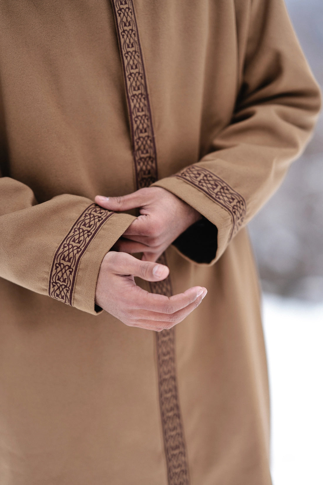 baraqah brown embrioded winter overcoat for men 