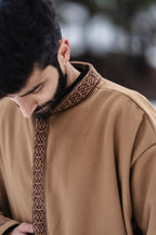 baraqah brown embrioded winter overcoat for men 