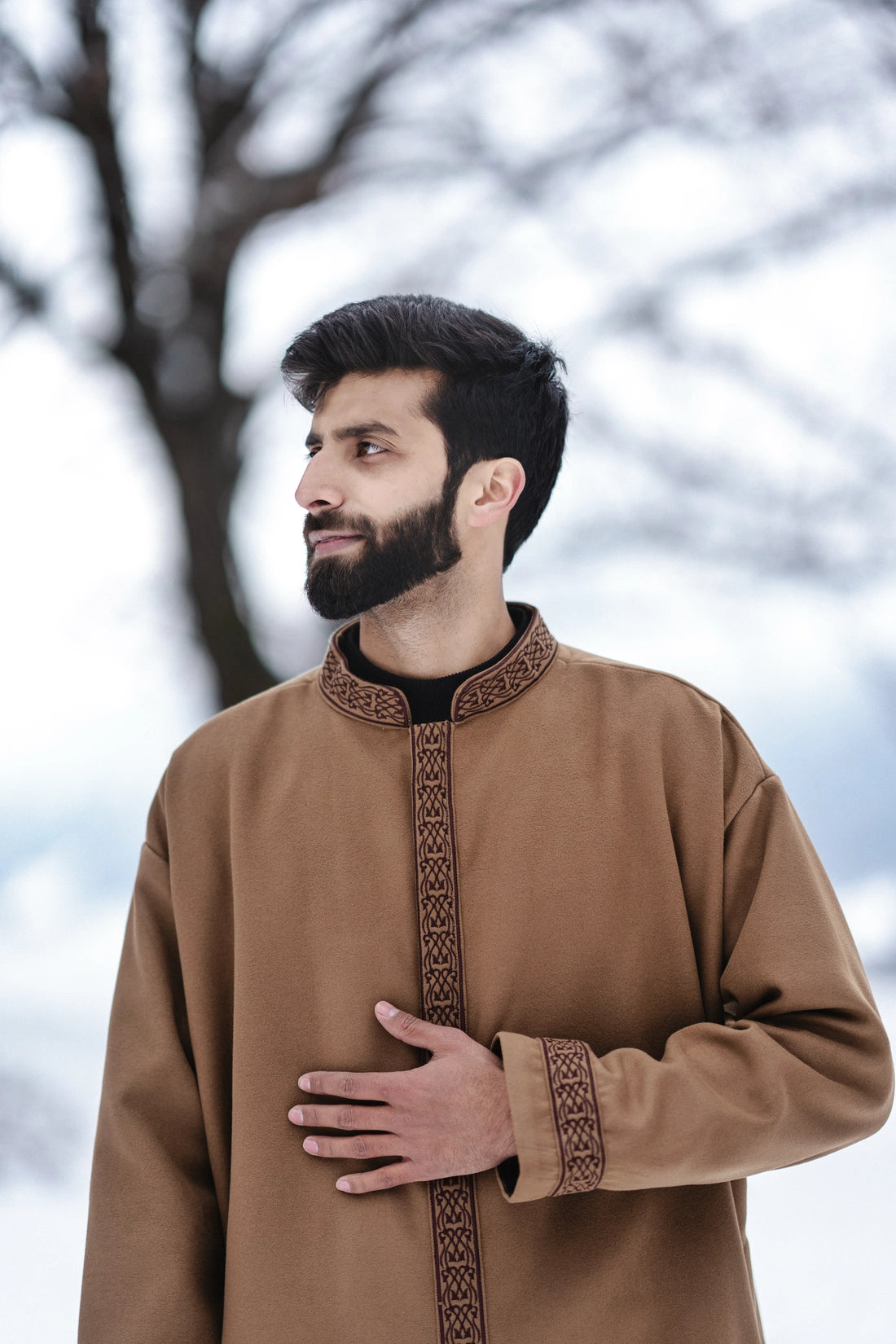 baraqah brown embrioded winter overcoat for men 