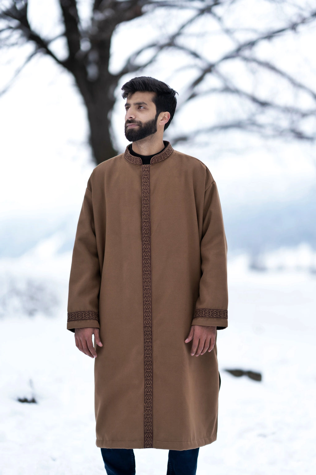 baraqah brown embrioded winter overcoat for men 