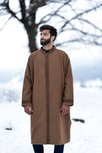 baraqah brown embrioded winter overcoat for men 