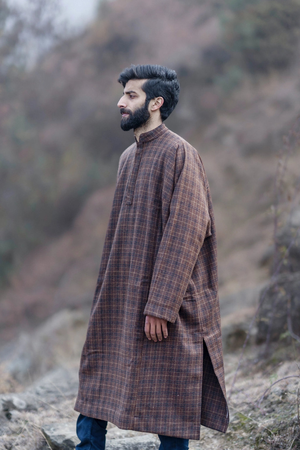 baraqah checkered rust brown winter pheran for men