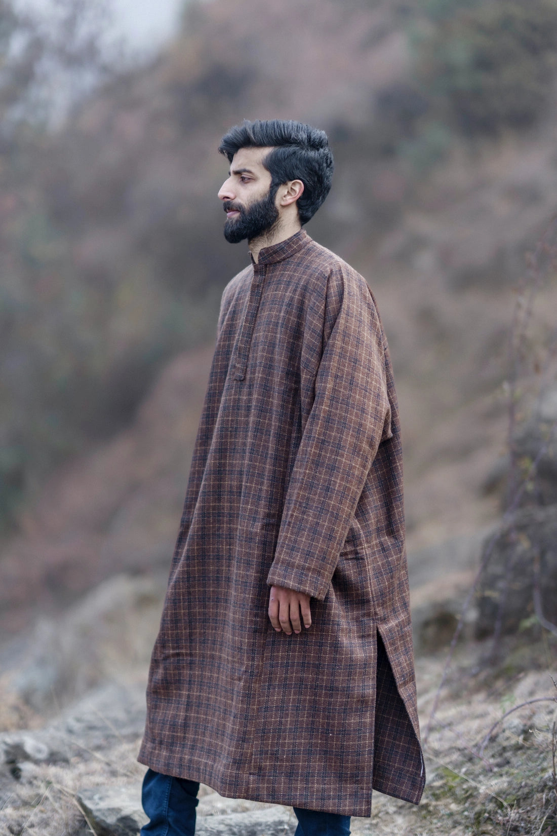 baraqah checkered rust brown winter pheran for men