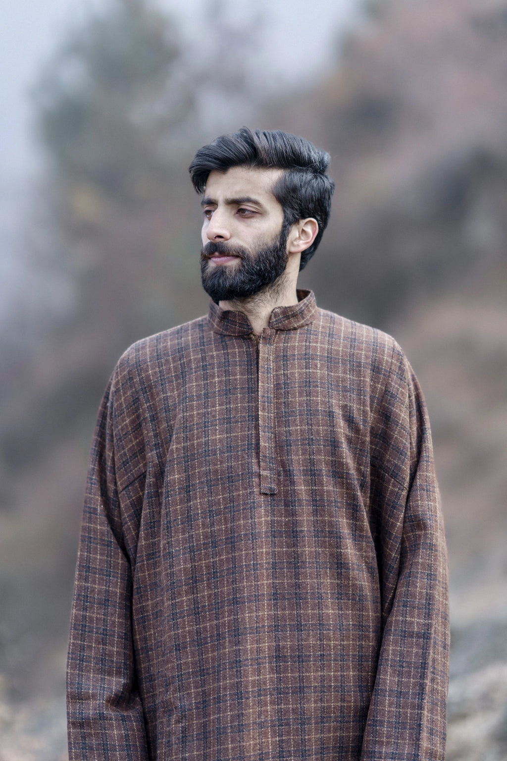 baraqah checkered rust brown winter pheran for men