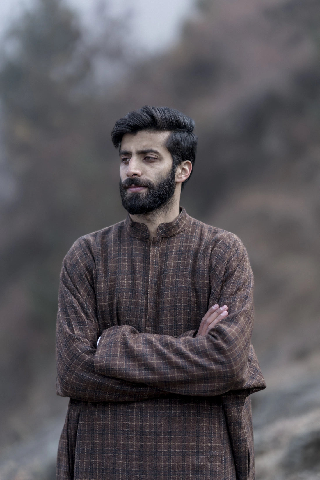 baraqah checkered rust brown winter pheran for men
