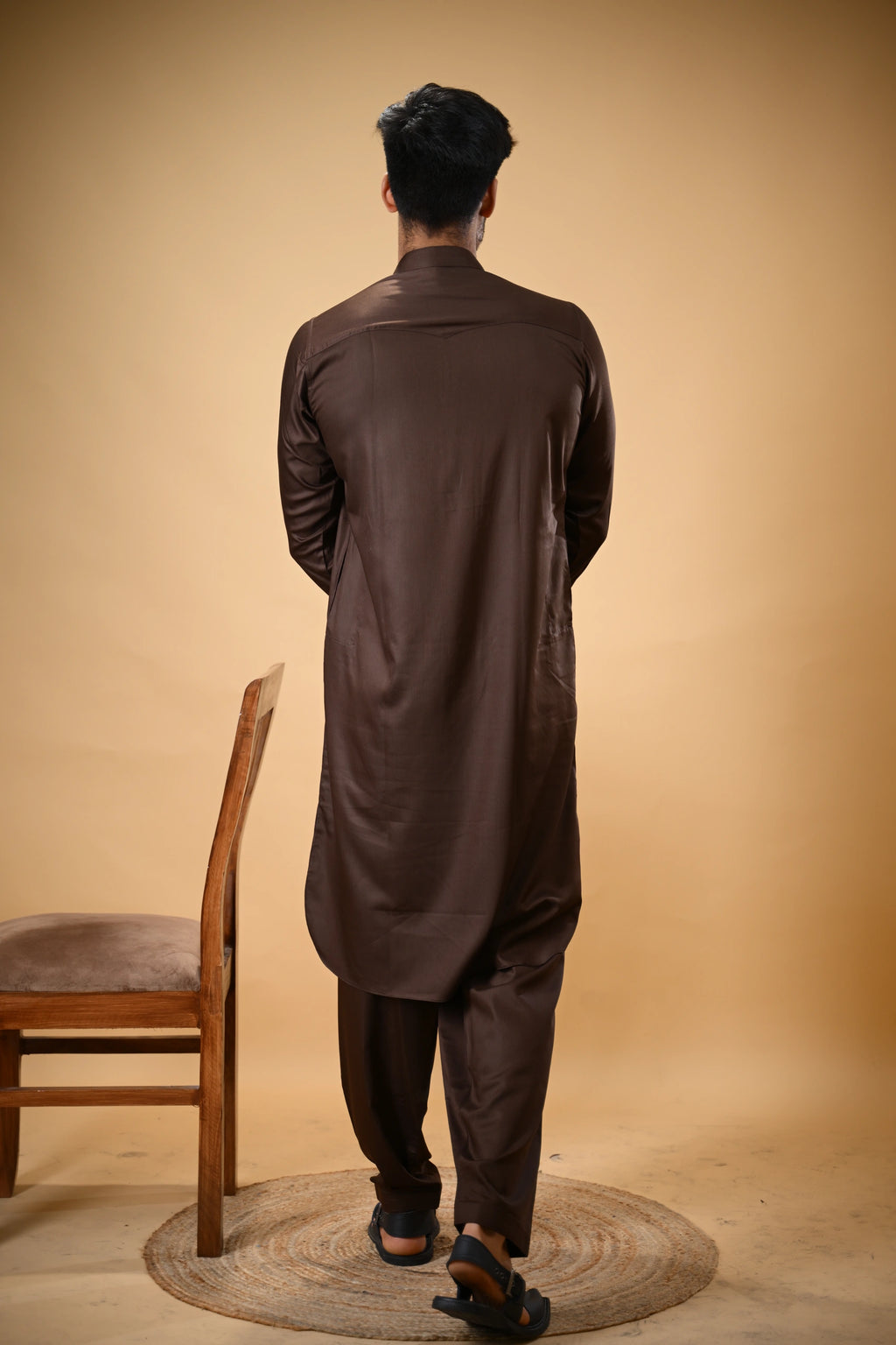 Chocolate Brown Luma Mandarin Collar Kameez Shalwar