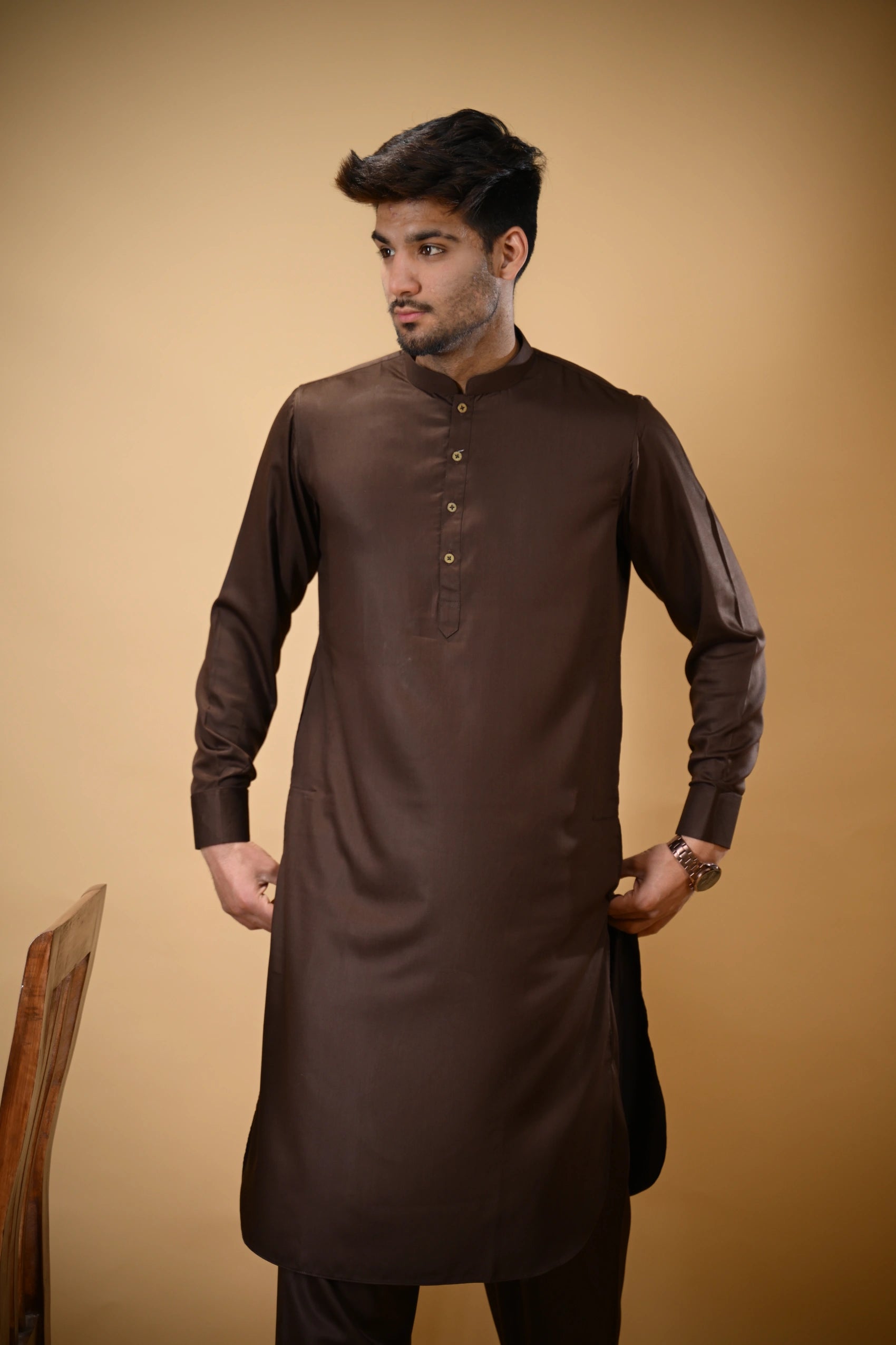 Chocolate Brown Luma Mandarin Collar Kameez Shalwar