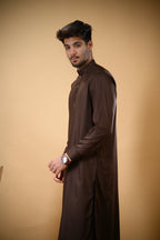 Chocolate Brown Luma Mandarin Collar Kameez Shalwar