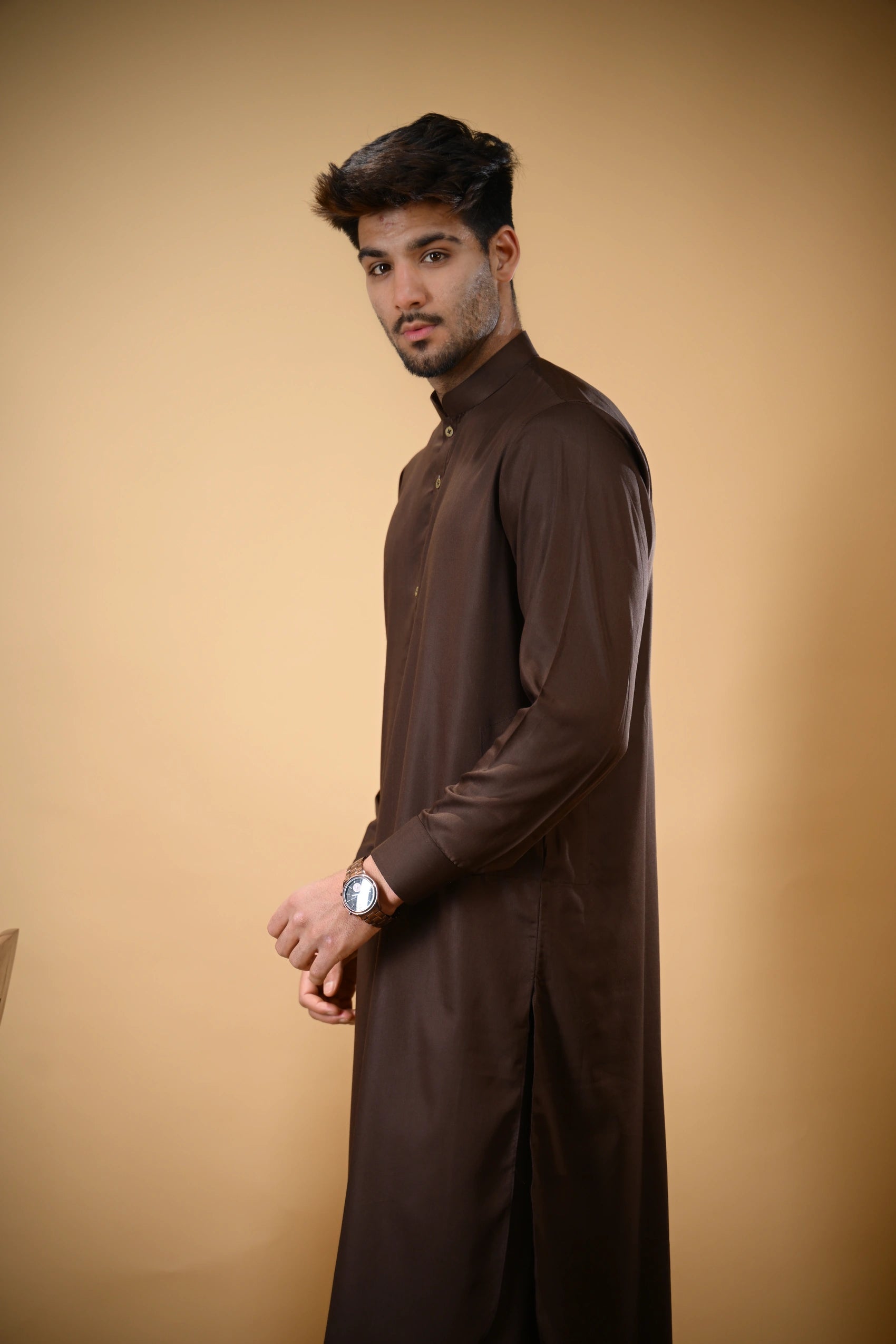 Chocolate Brown Luma Mandarin Collar Kameez Shalwar