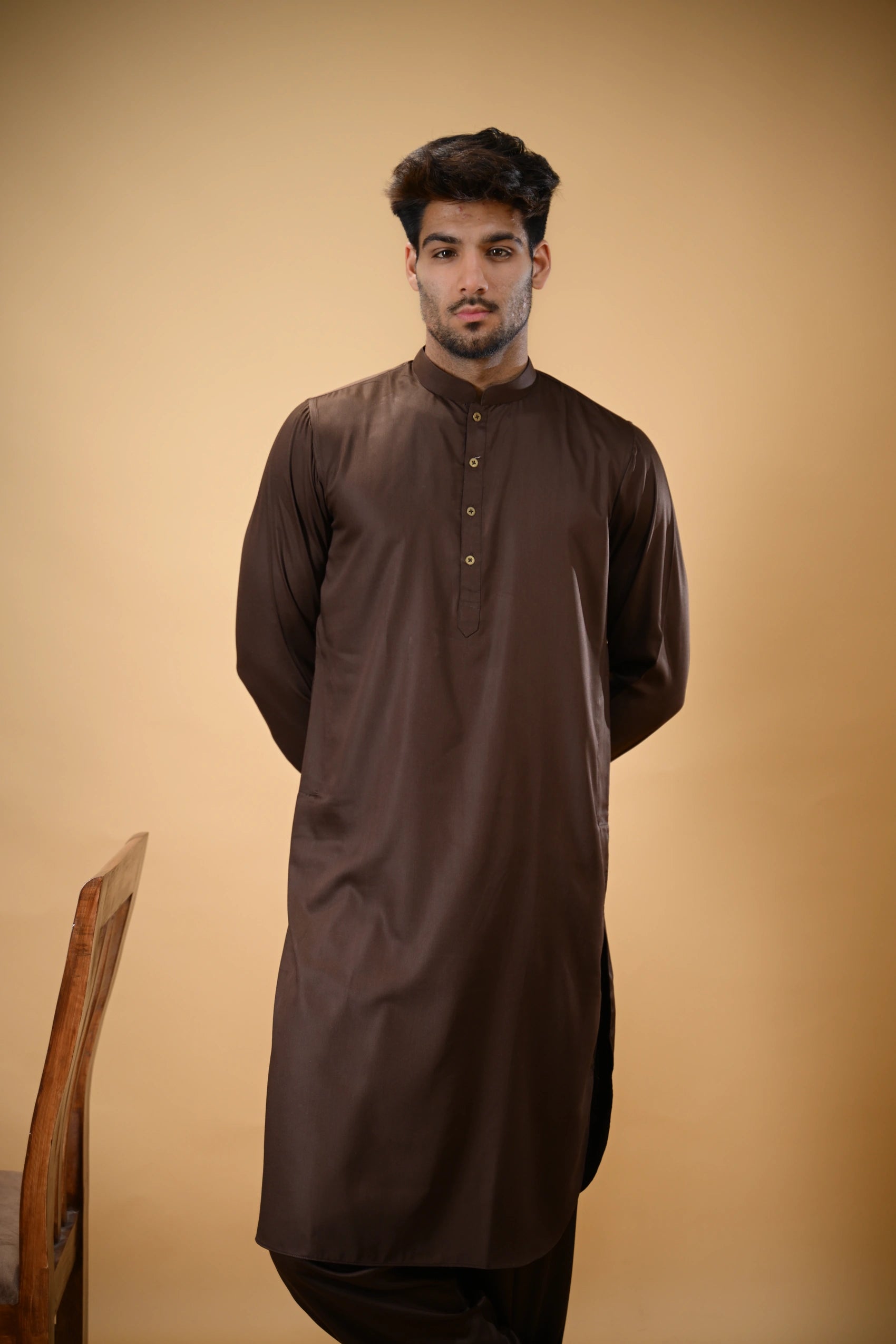 Chocolate Brown Luma Mandarin Collar Kameez Shalwar