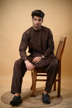 Chocolate Brown Luma Mandarin Collar Kameez Shalwar