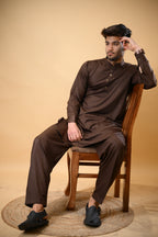 Chocolate Brown Luma Mandarin Collar Kameez Shalwar