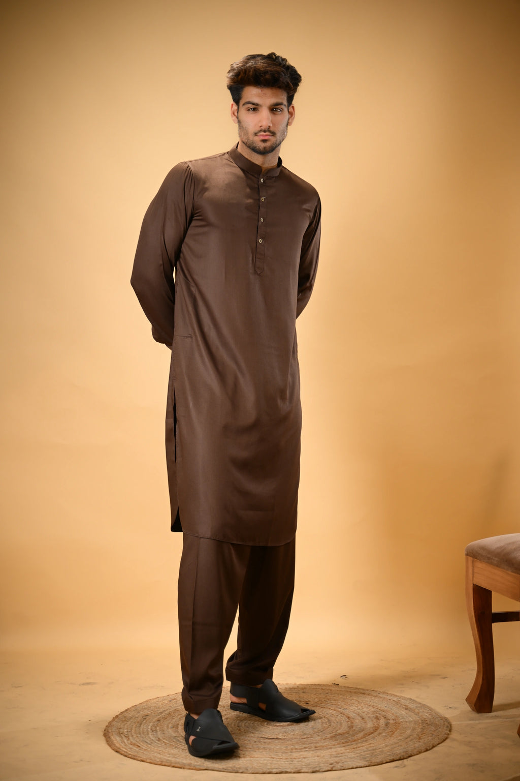 Chocolate Brown Luma Mandarin Collar Kameez Shalwar