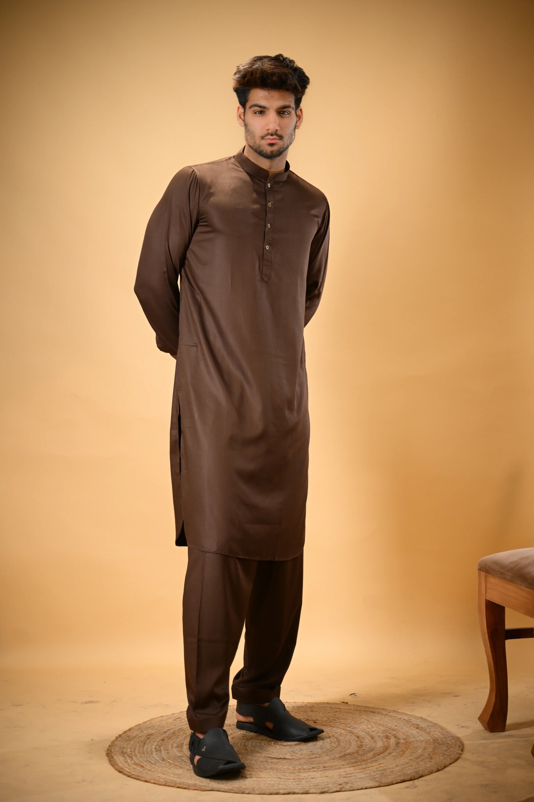 Chocolate Brown Luma Mandarin Collar Kameez Shalwar