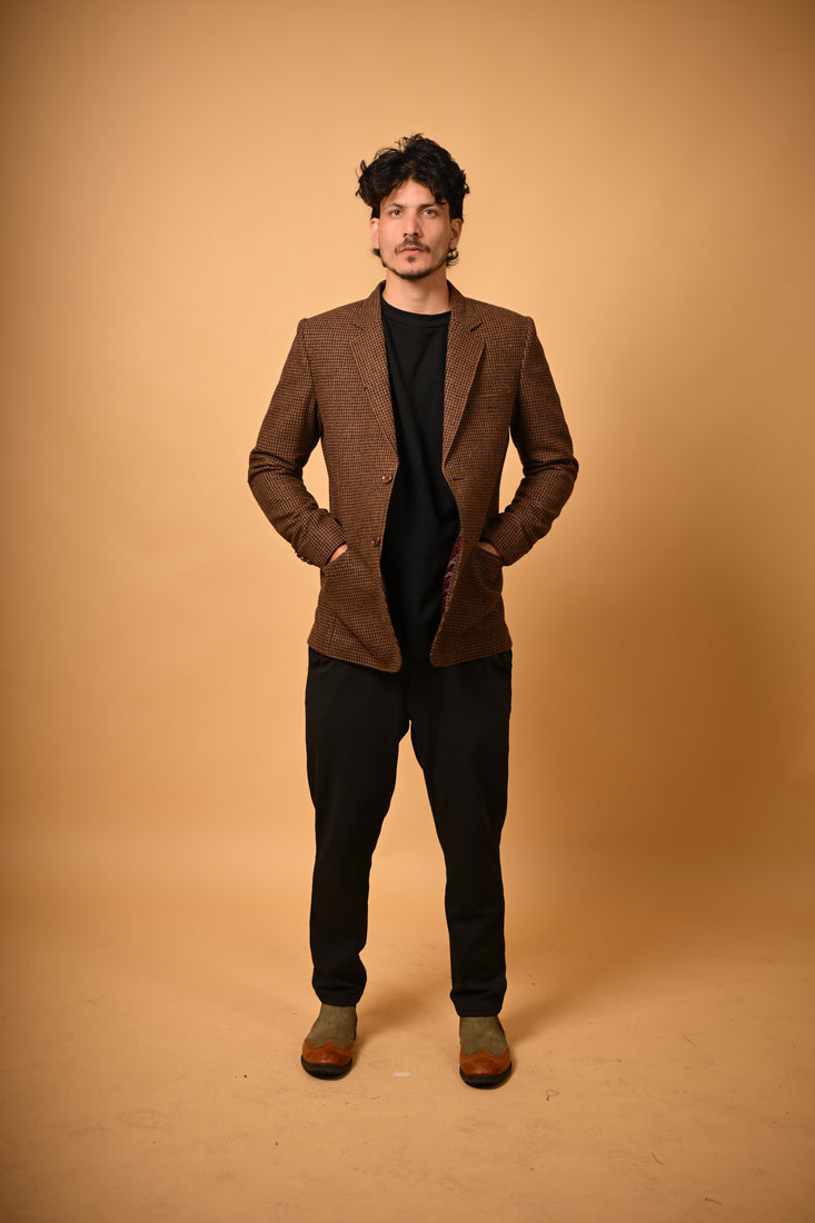 coffee brown puppytooth check  winter blazer for men