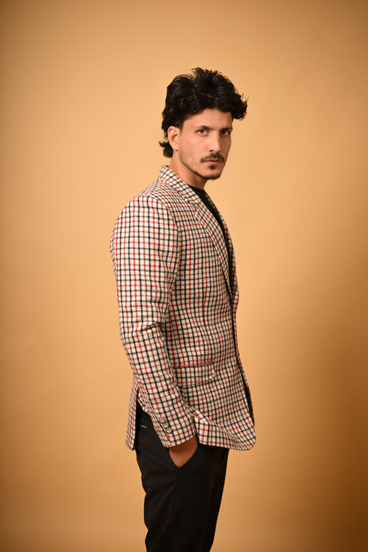 cream base with red black checks  winter blazer for men