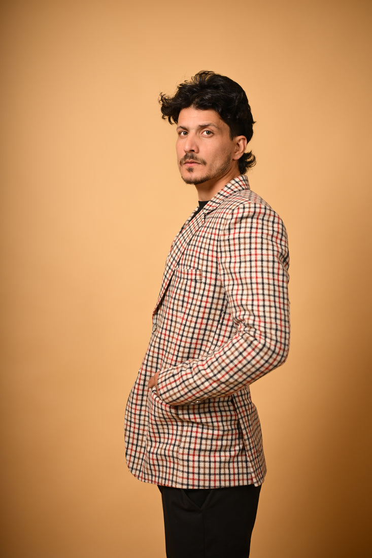 cream base with red black checks  winter blazer for men