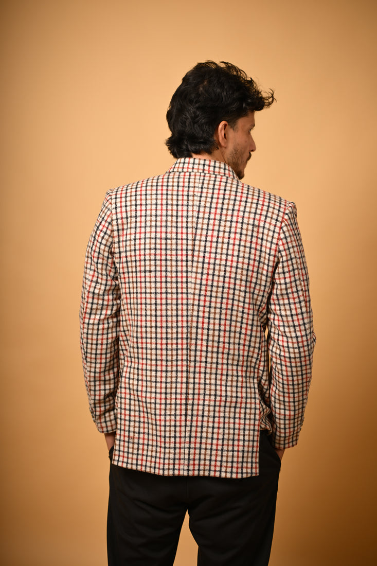 cream base with red black checks  winter blazer for men
