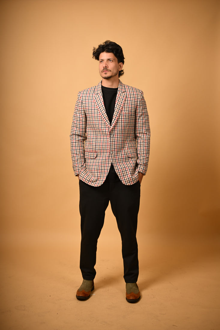 cream base with red black checks  winter blazer for men