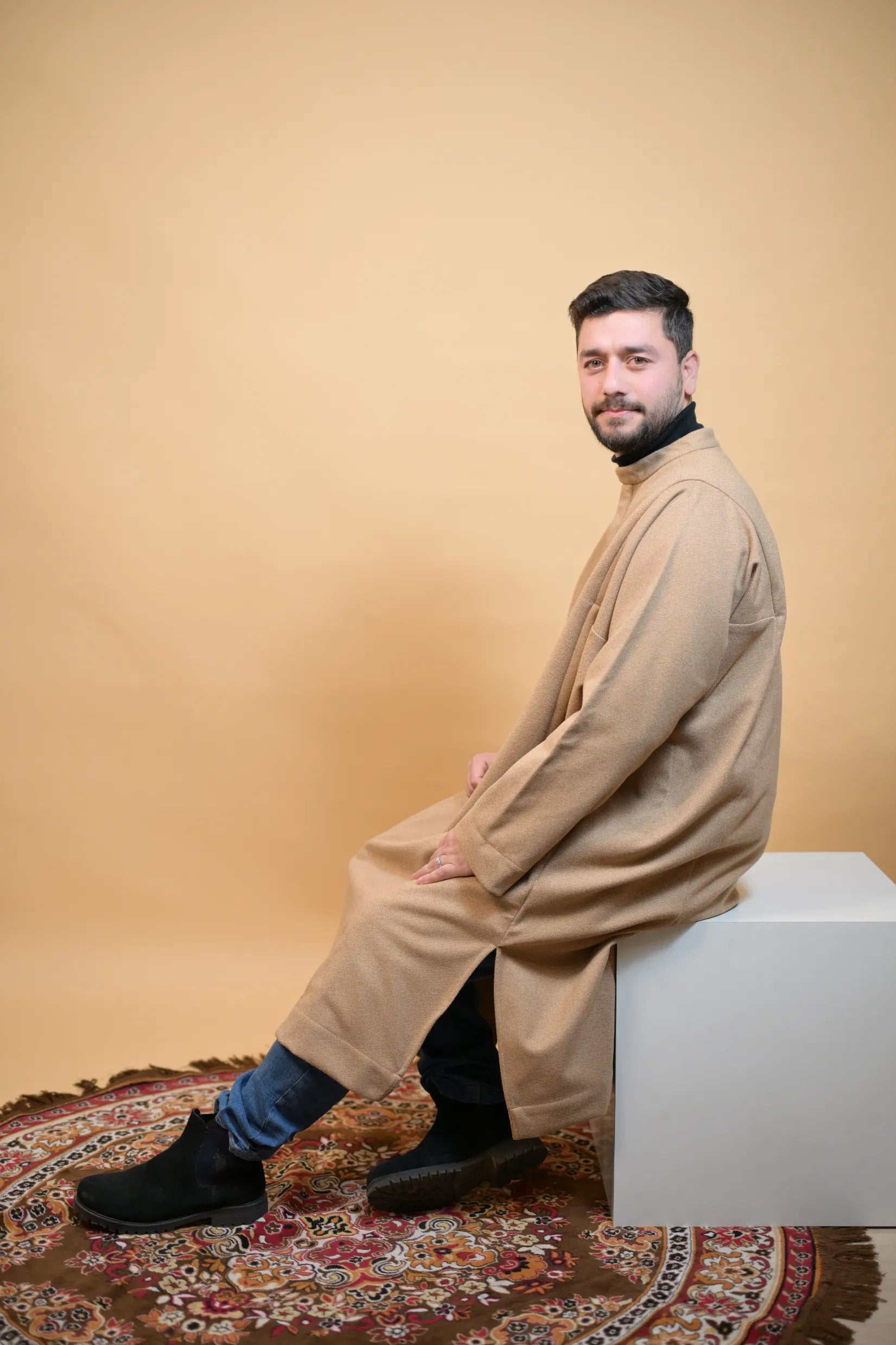 baraqah creme dotted winter pheran for men 