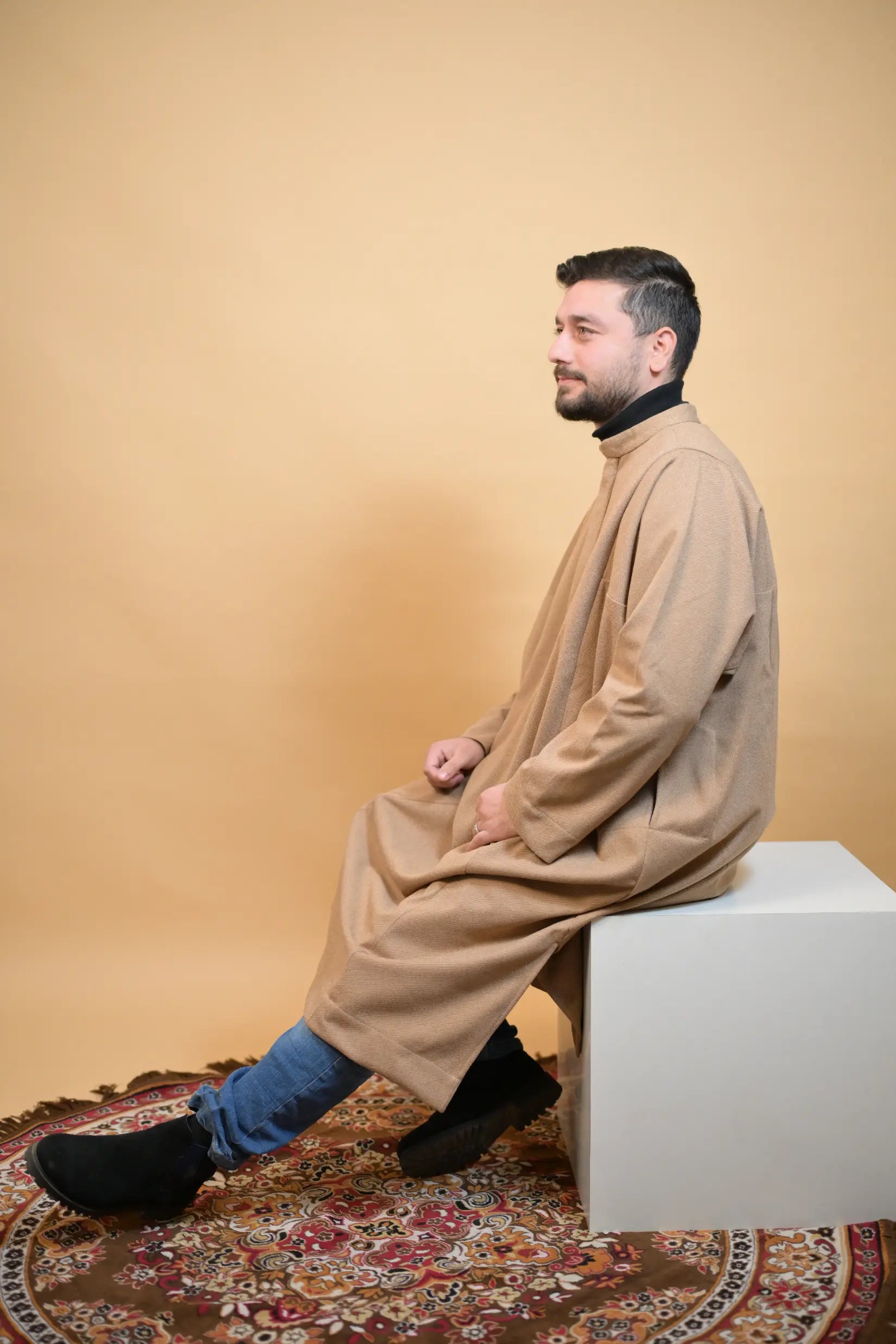 baraqah creme herringbone winter pheran for men 