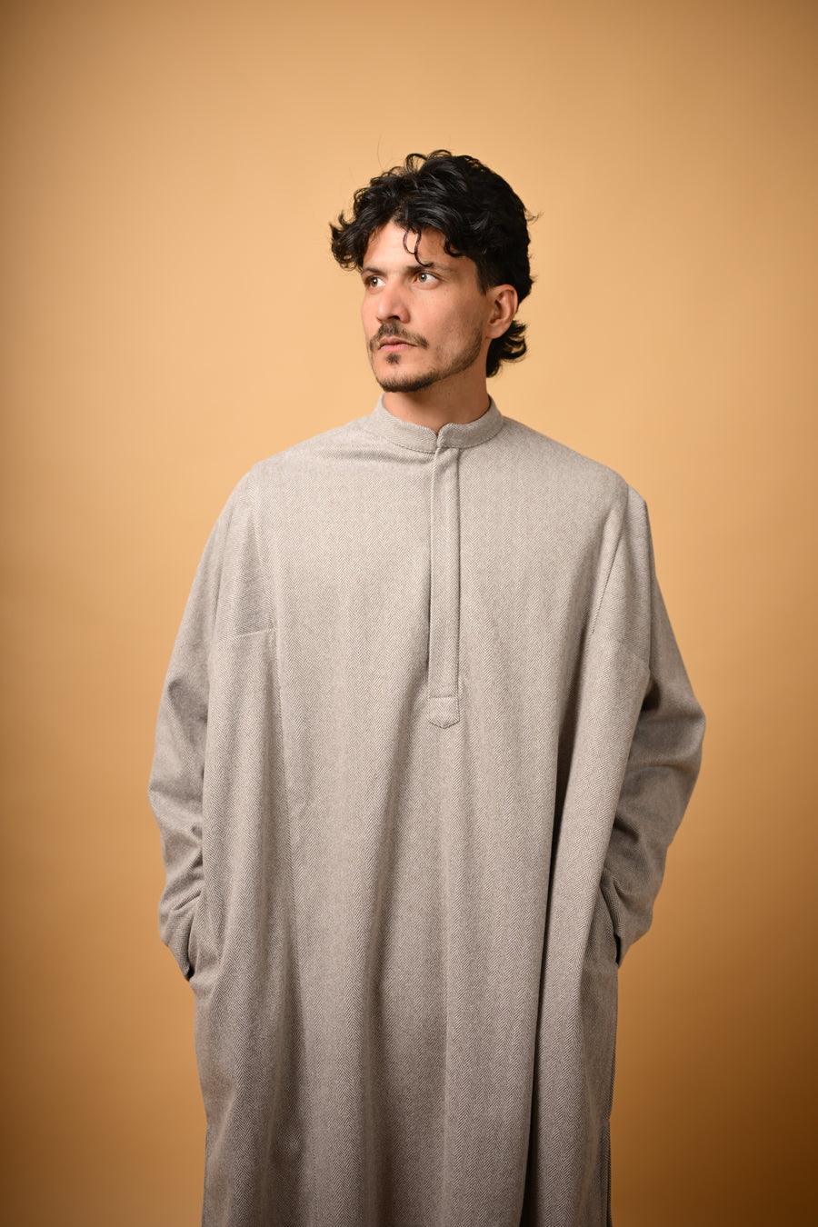 Light Olive Herringbone winter pheran for men 
