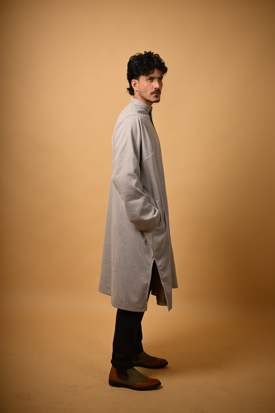 Light Olive Herringbone winter pheran for men 
