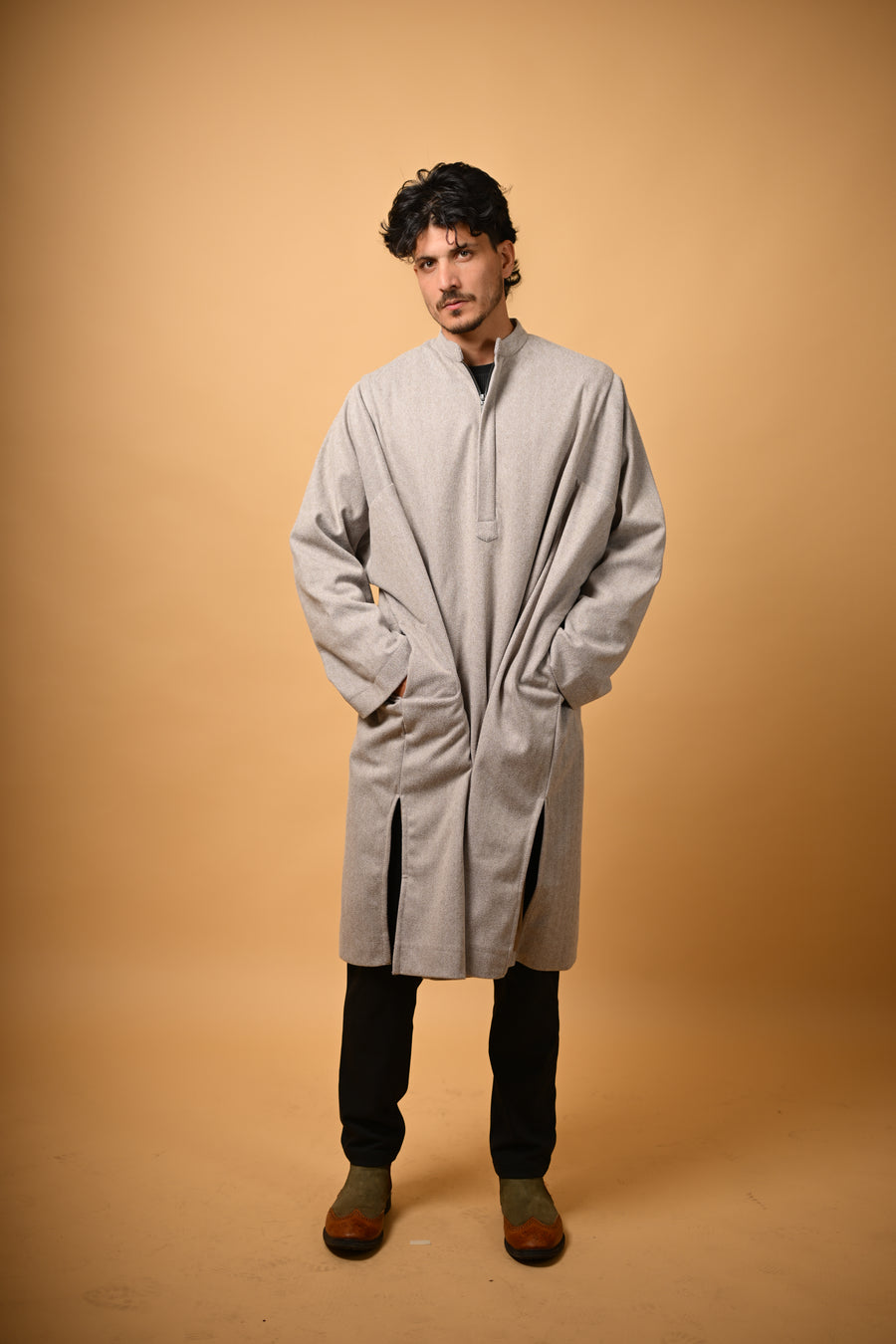 Light Olive Herringbone winter pheran for men 
