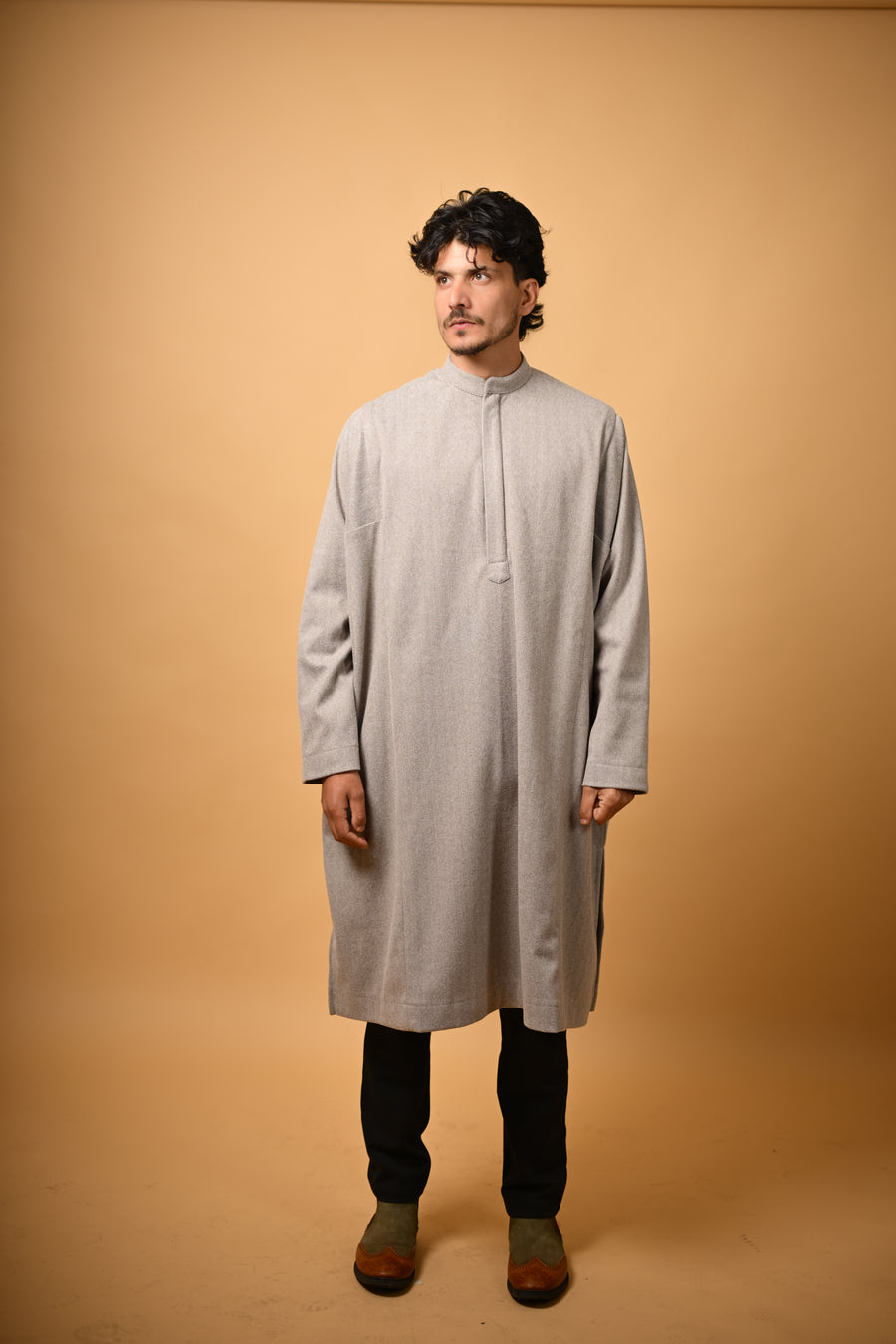 Light Olive Herringbone winter pheran for men 
