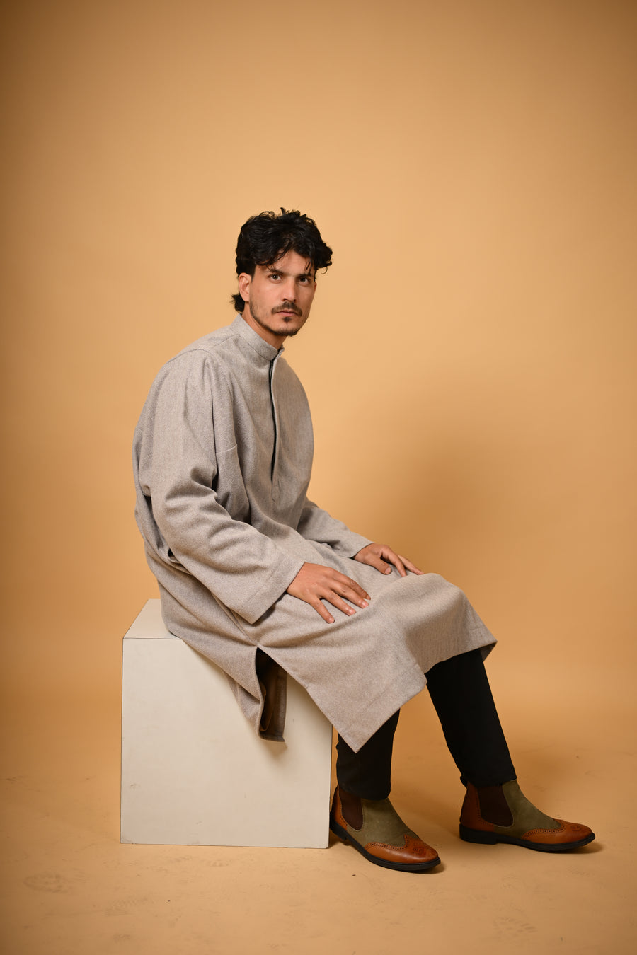 Light Olive Herringbone winter pheran for men 
