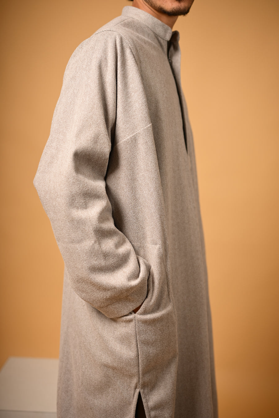 Light Olive Herringbone winter pheran for men 
